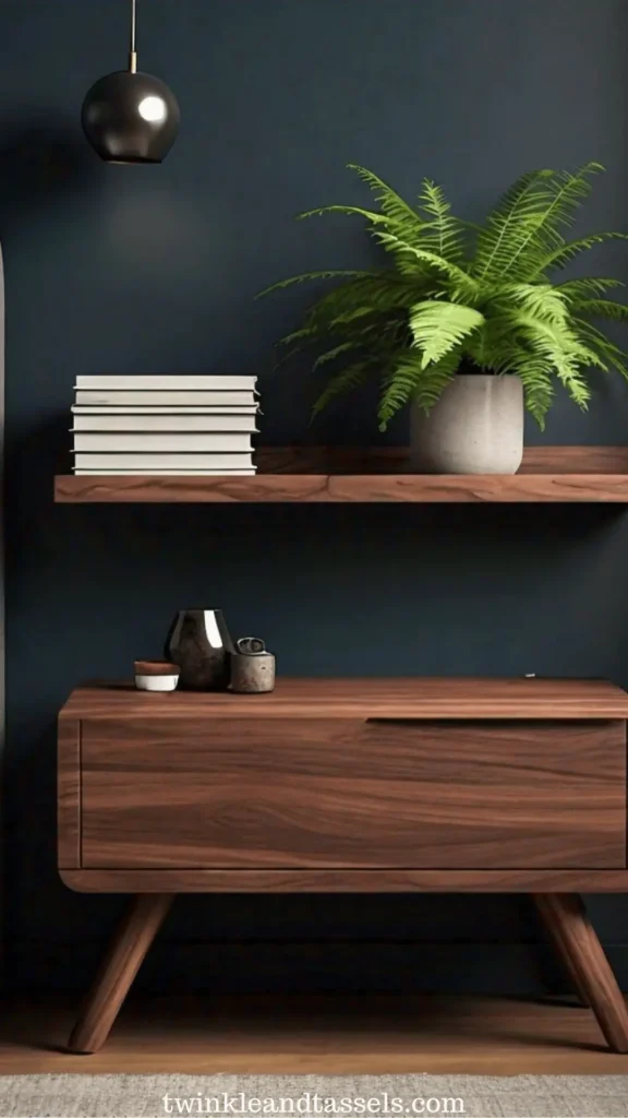 using a floating shelf over a nightstand to organize