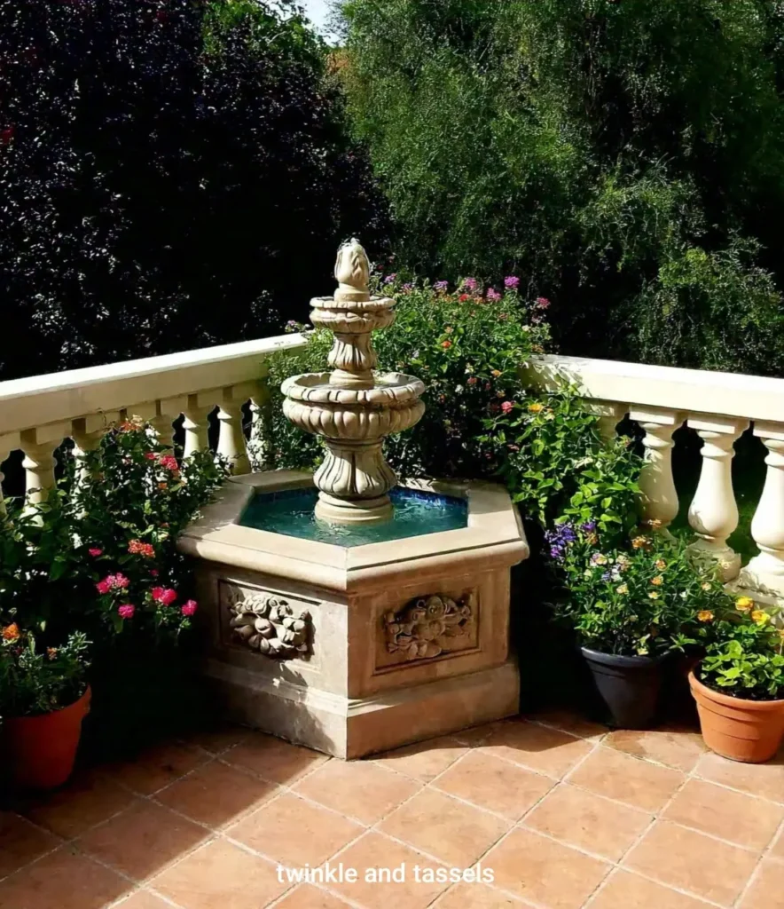 balcony garden with water fountain