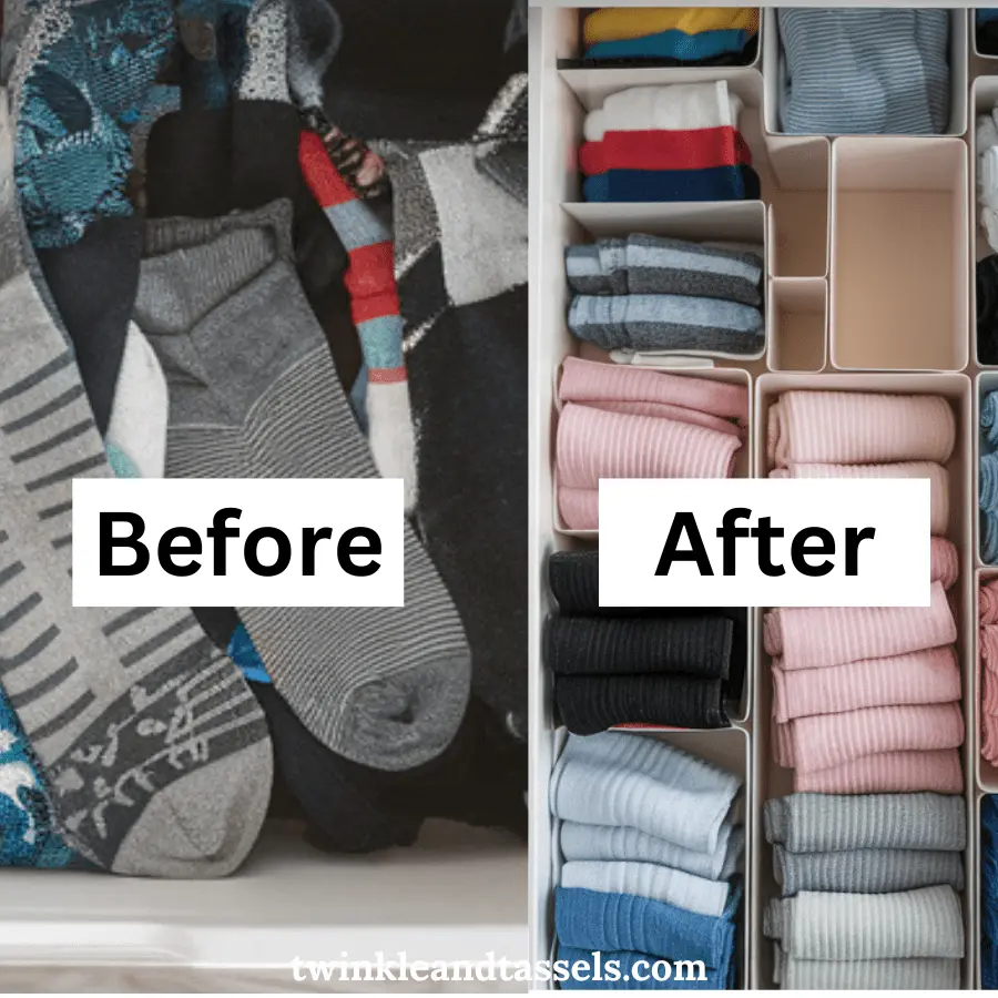 before and after organizing socks