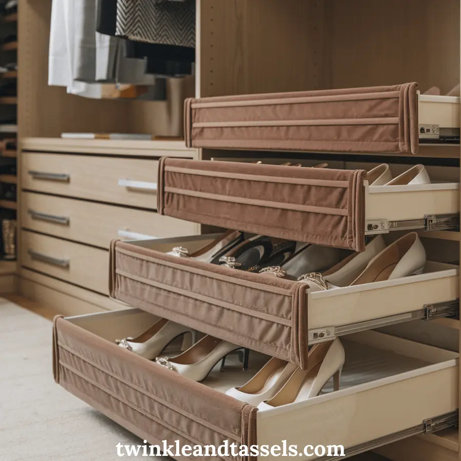 pull out drawers in closet for organizing shoes