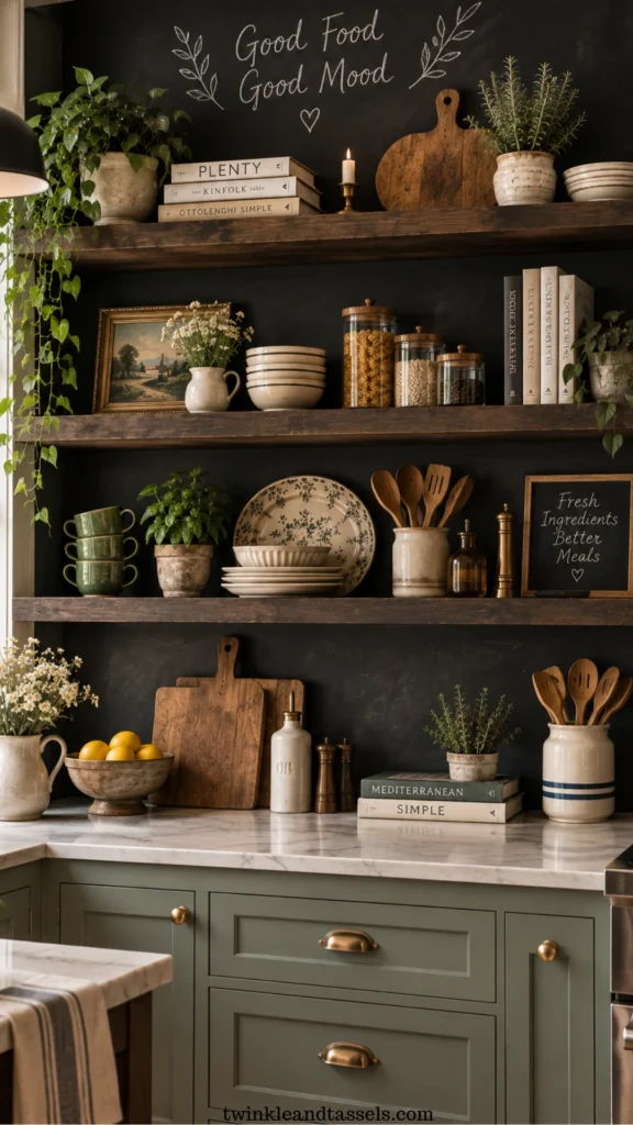 open shelving kitchen ideas with chalkboard backdrop