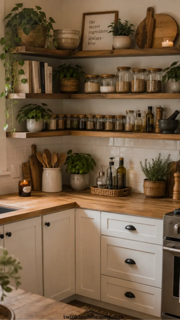 corner open shelving for kitchen